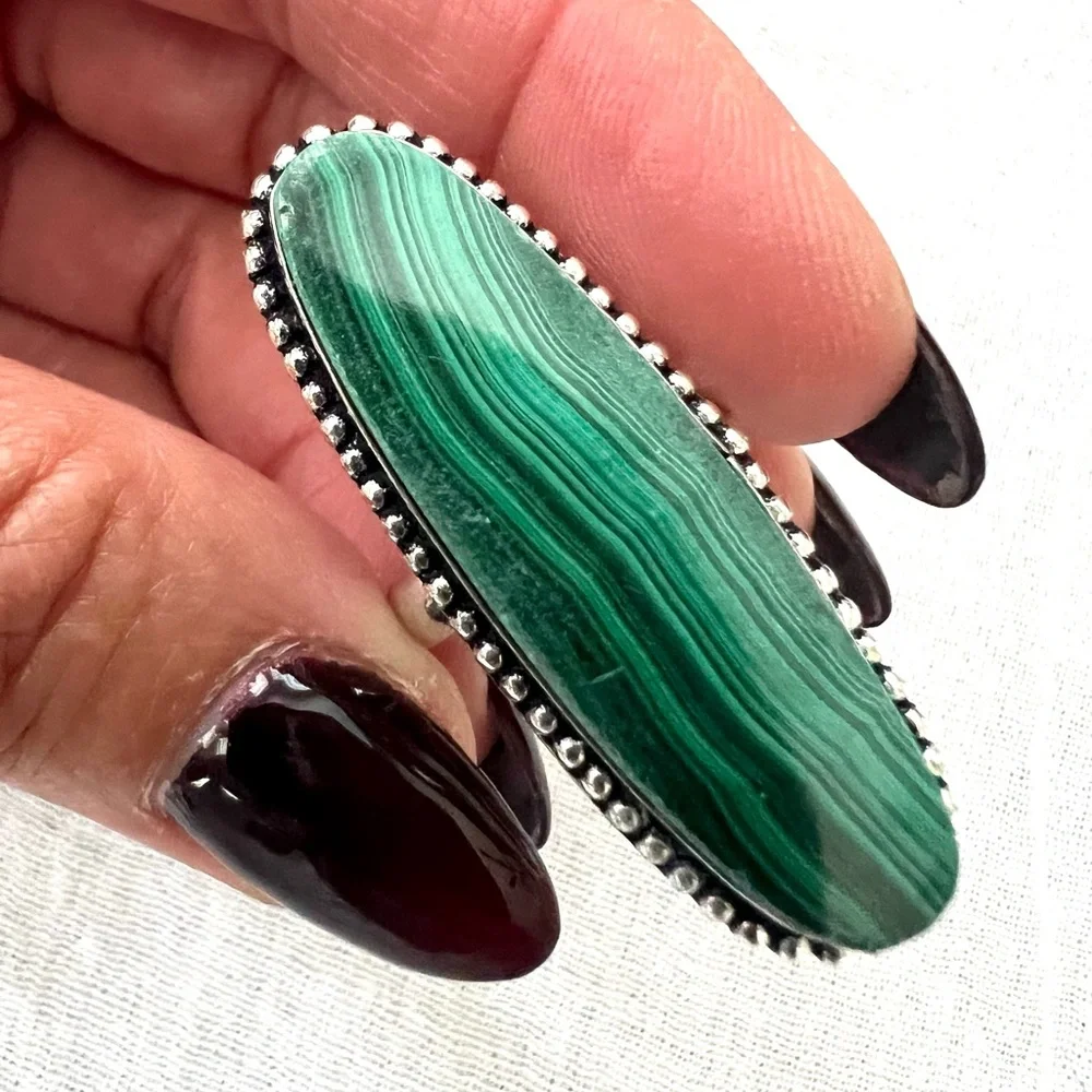 925 Long Elegant Malachite Ring 7.5 - Picture 3 of 13
